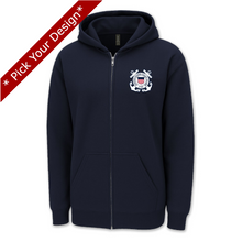 Load image into Gallery viewer, Pick Your Design Coast Guard Full Zip Hooded Sweatshirt