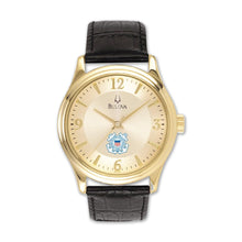 Load image into Gallery viewer, Coast Guard Seal Men&#39;s Bulova Black Leather Strap Gold Plated Watch (Black)*