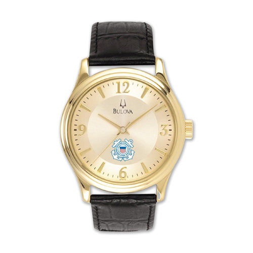 Coast Guard Seal Men's Bulova Black Leather Strap Gold Plated Watch (Black)*