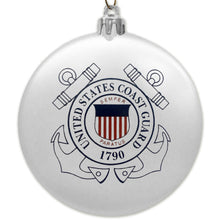 Load image into Gallery viewer, Coast Guard 2025 Seal 3&quot; Satin Finish Flat Shatterproof Ornament (White)