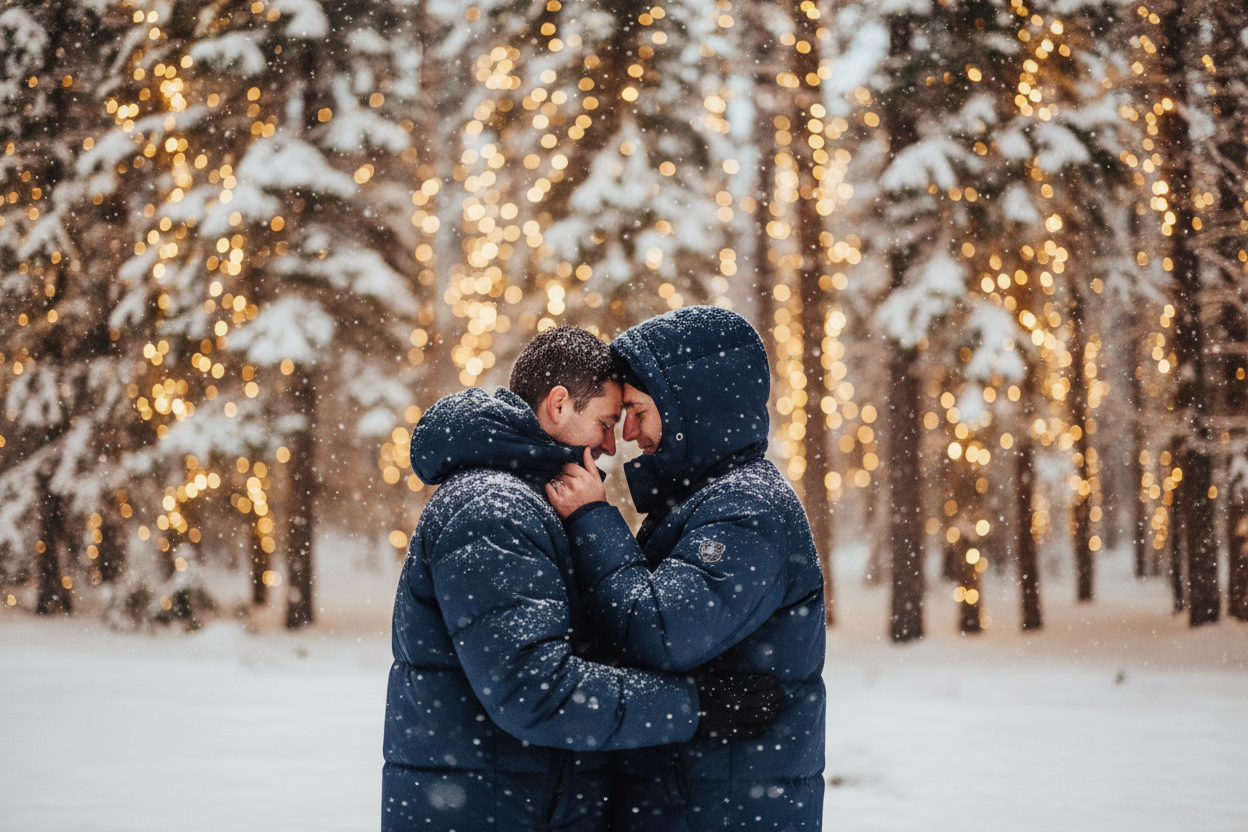 a couple embracing in navy blue puffy jackets with evergreens with lights and snow in the background 