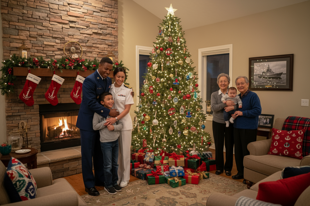 diverse us coast guard family at christmas