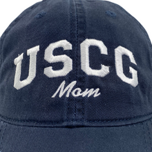 Load image into Gallery viewer, USCG Mom Relaxed Twill Hat (Navy/White)
